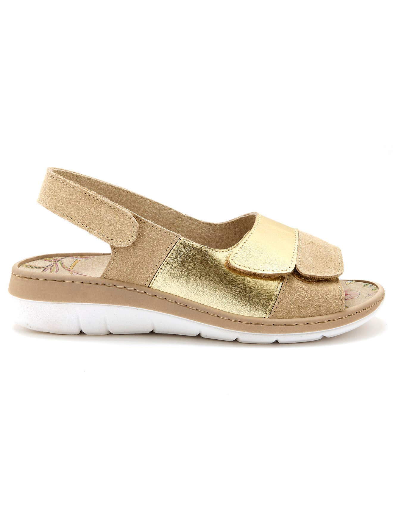 Malaga Drip Sandalias de piel auténtica con cierre de velcro y detalles dorados.