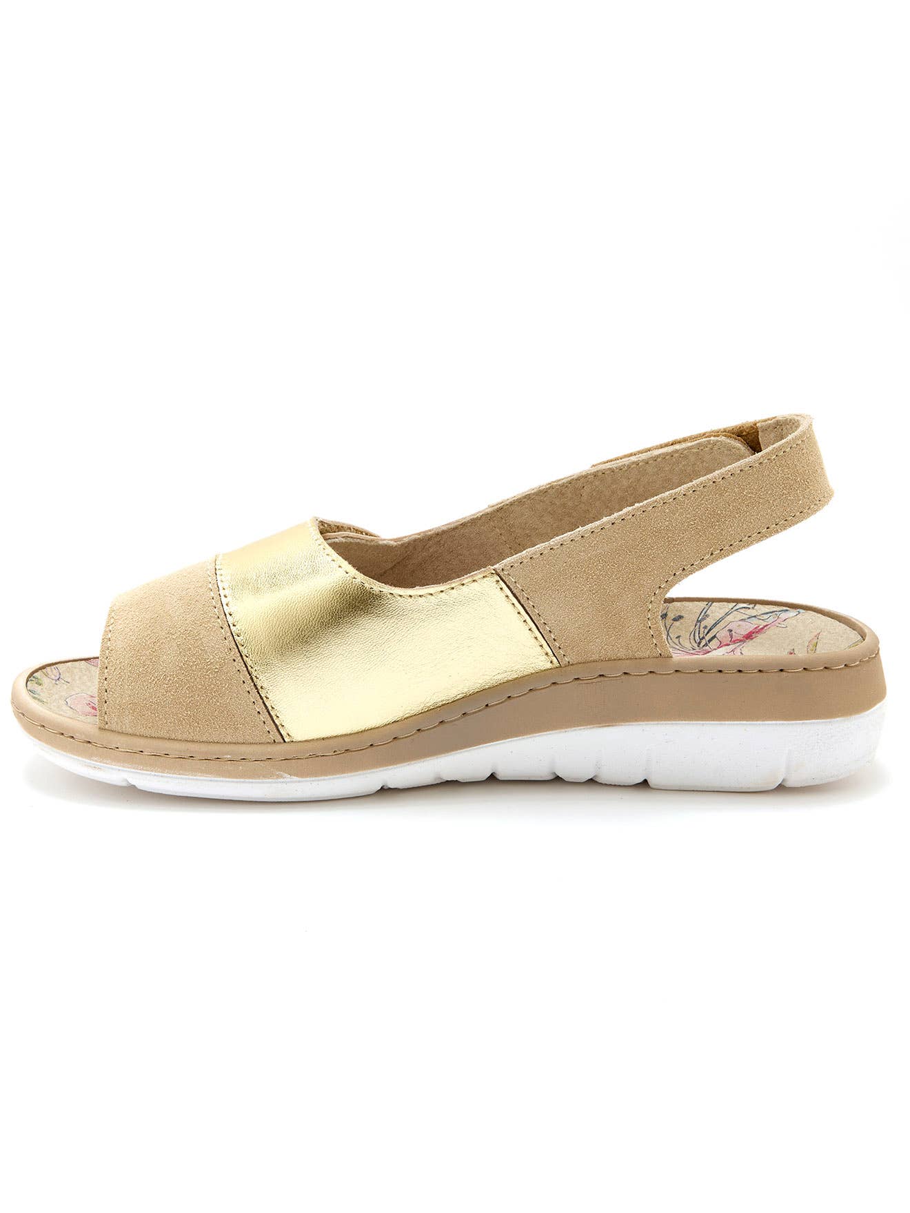 Malaga Drip Sandalias de piel auténtica con cierre de velcro y detalles dorados.