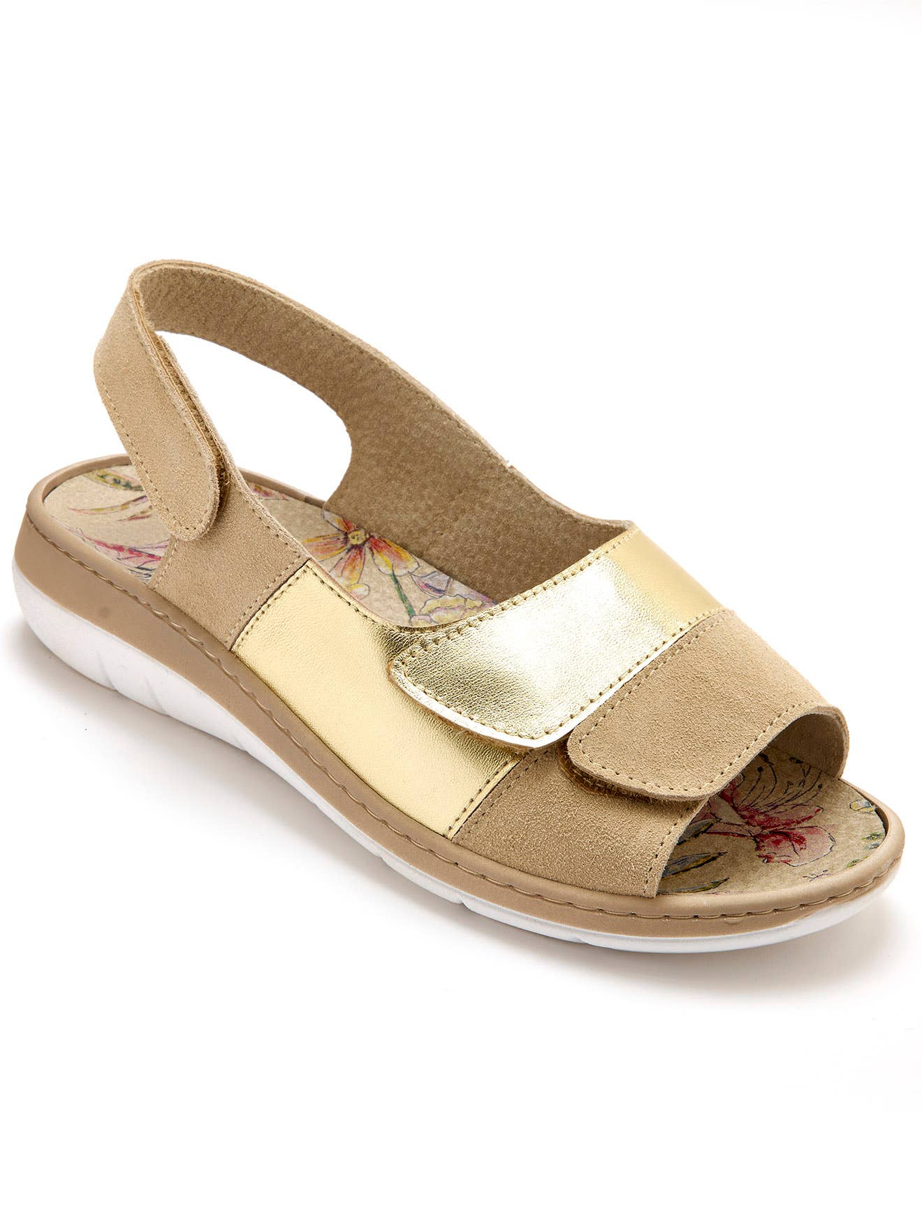 Malaga Drip Sandalias de piel auténtica con cierre de velcro y detalles dorados.